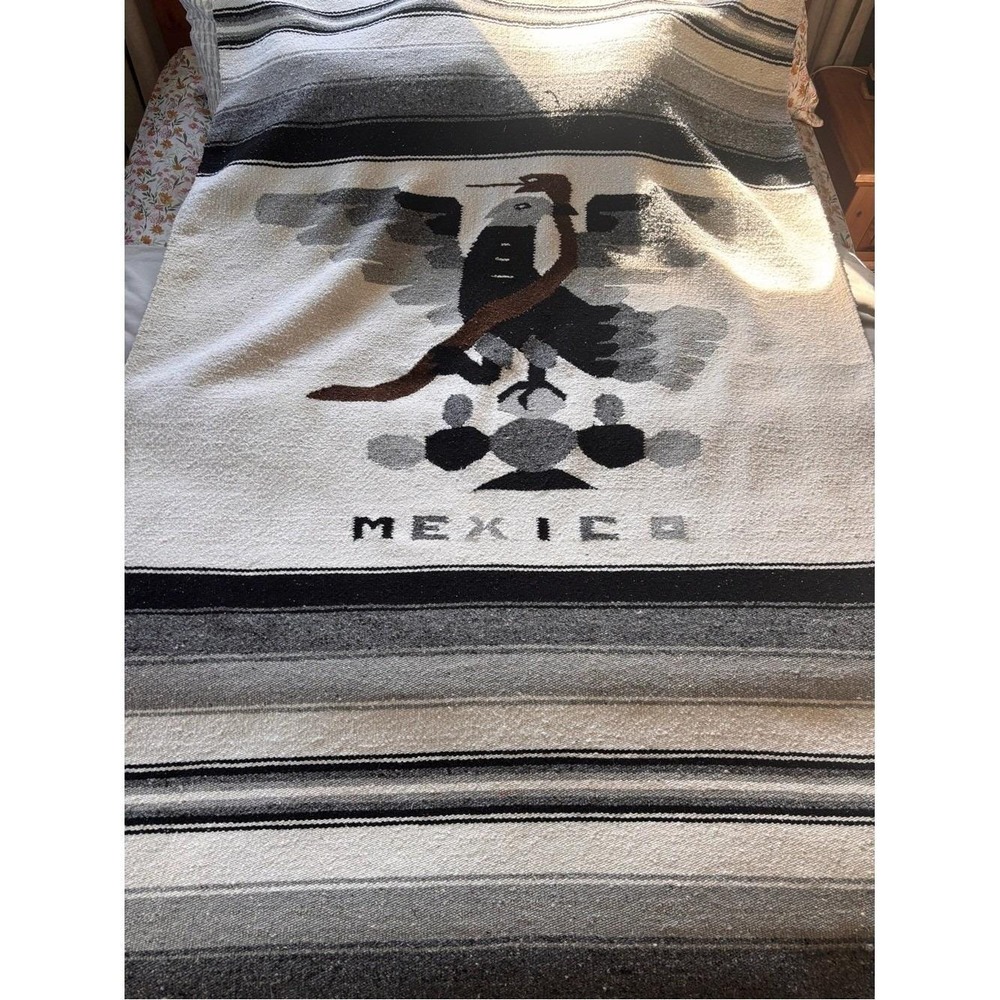 Blanket Hand Woven Wool Mexico Throw Striped Bird Eagle Snake Black 80" x 45"